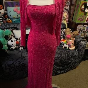 100% Silk Vintage Beaded Gown , Shawl Jacket Included